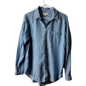 Loft Blue Denim Chambray Polka Dot Button Front Long Sleeve Blouse